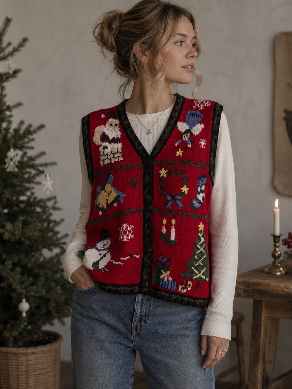 Vintage Cleo Christmas Sweater Vest Red Small Holiday Knit Ugly Christmas